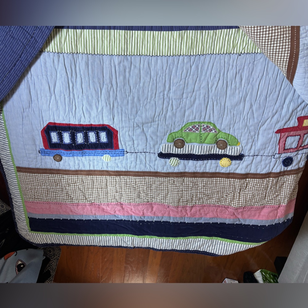 Pottery Barn Kids Blue Train & Car Quilted Baby/Child Blanket - Picture 5 of 8